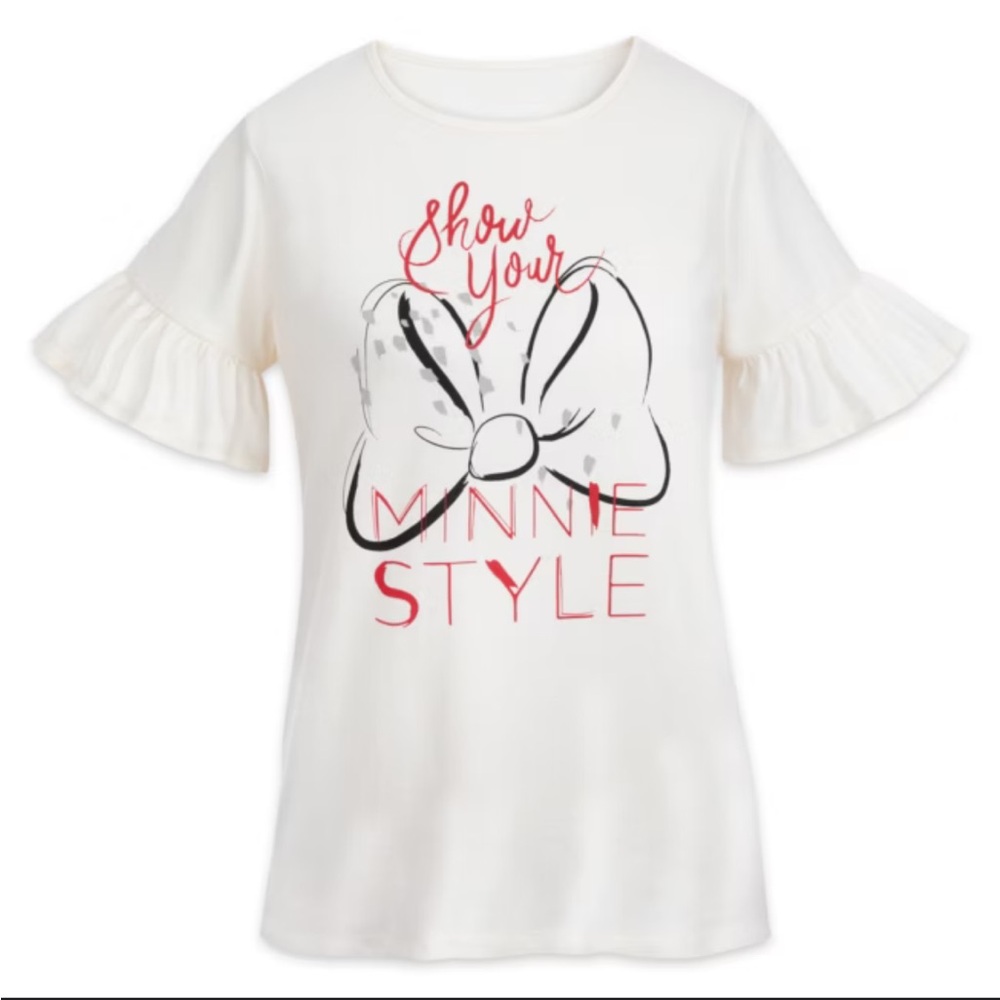 Disney Exclusive Minnie Mouse Bow Short Sleeve Shirt Graphic Design New